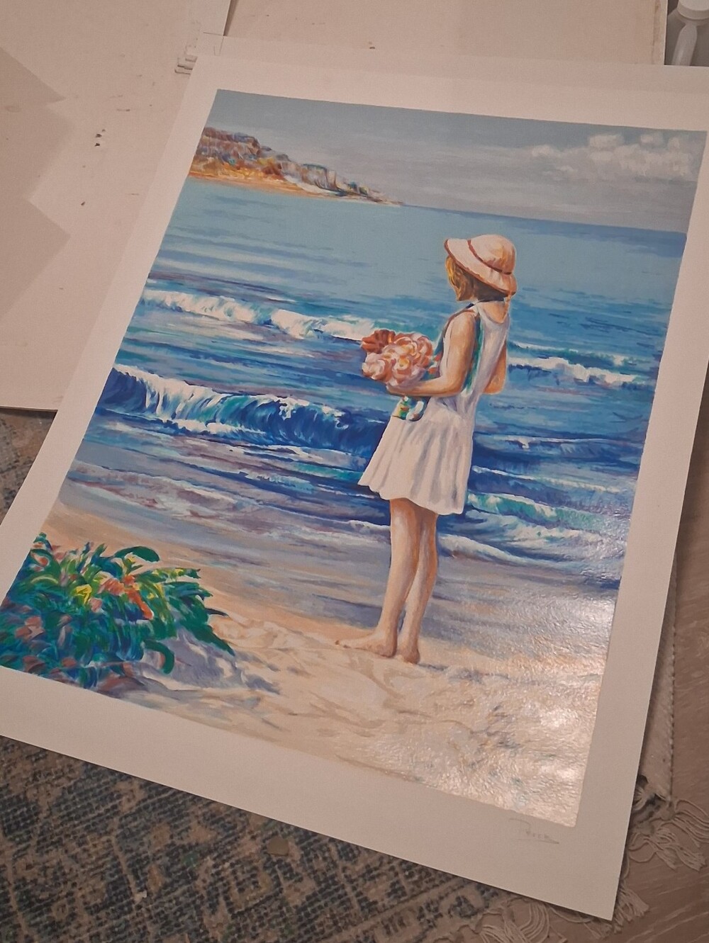 Coastal Girl at Shoreline — Blue and White Beach Art